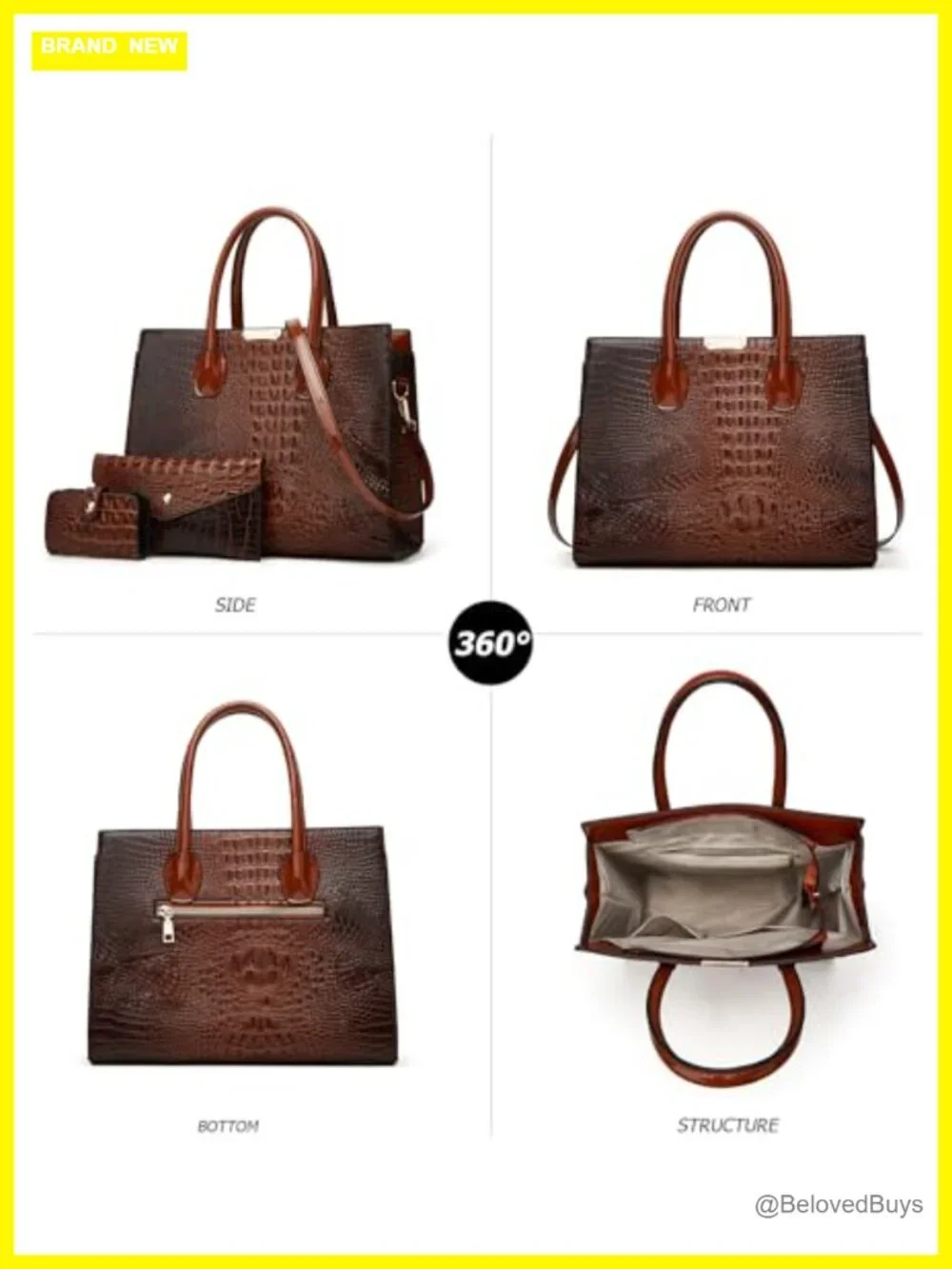 Luxury Crocodile Embossed 3pc Tote Handbag Set with Wallet